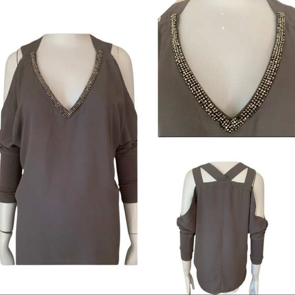 JUICY COUTURE Embellished Silky Cold Shoulder V-Neck Blouse Gray - Picture 1 of 15
